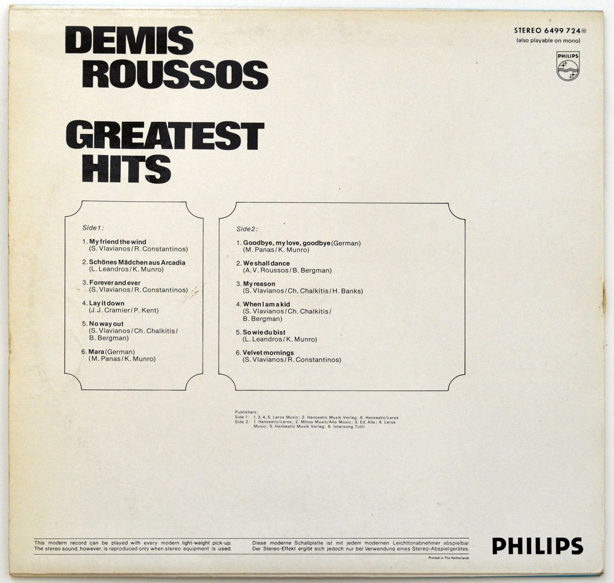 Photo of album back cover DEMIS ROUSSOS - Greatest Hits Vinyl LP 